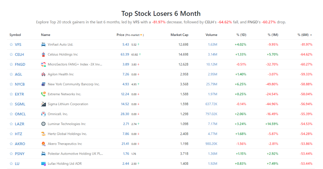 Top Stock Losers 6 Month StockScan